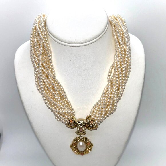 Vintage Faux Pearl Torsade Necklace With Ornate Gold-Tone Pendant & Rhinestones - Picture 3 of 14